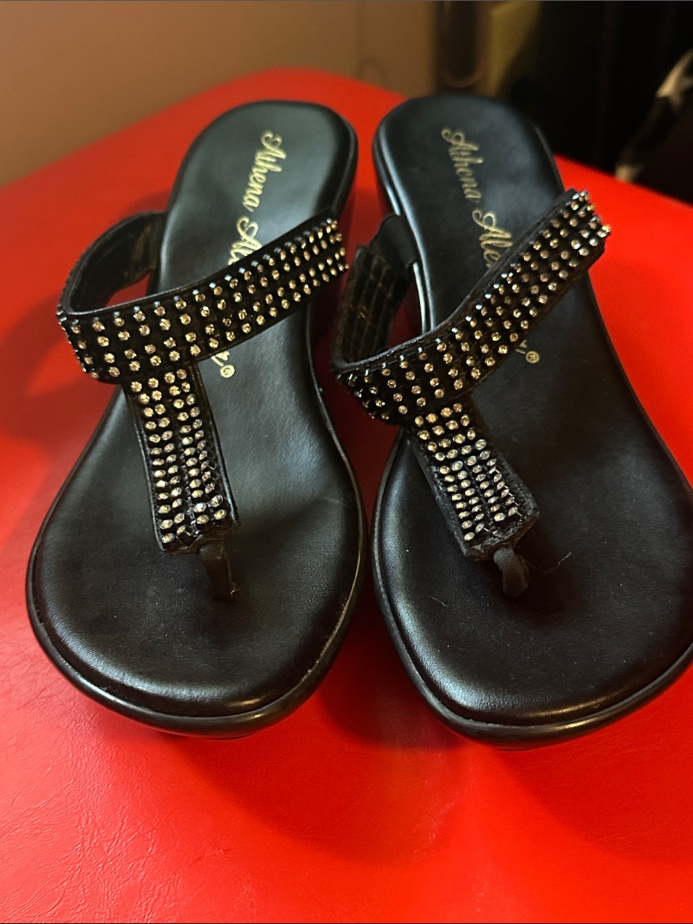 Athena Alexander Black Rhinestone T-Strap Slide Sandals